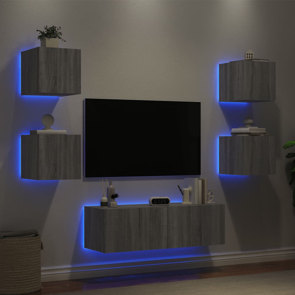 5-delige tv-wandmeubelset met LED-verlichting grijs sonoma
