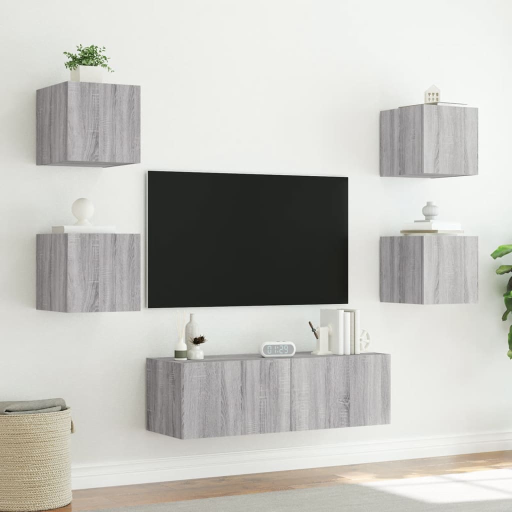 5-delige tv-wandmeubelset met LED-verlichting grijs sonoma