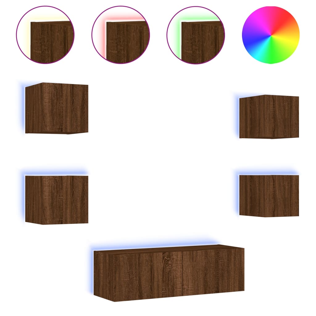 5-delige tv-wandmeubelset met LED-verlichting bruineikenkleurig