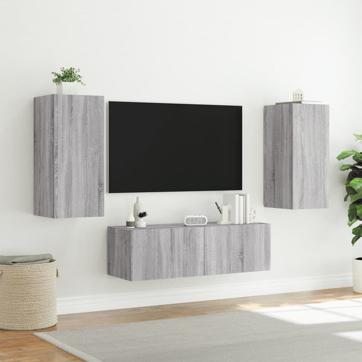 3-delige tv-wandmeubelset met LED-verlichting grijs sonoma