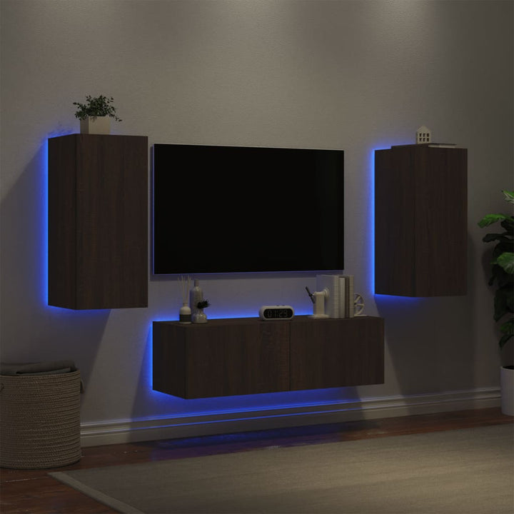 3-delige tv-wandmeubelset met LED-verlichting bruineikenkleurig