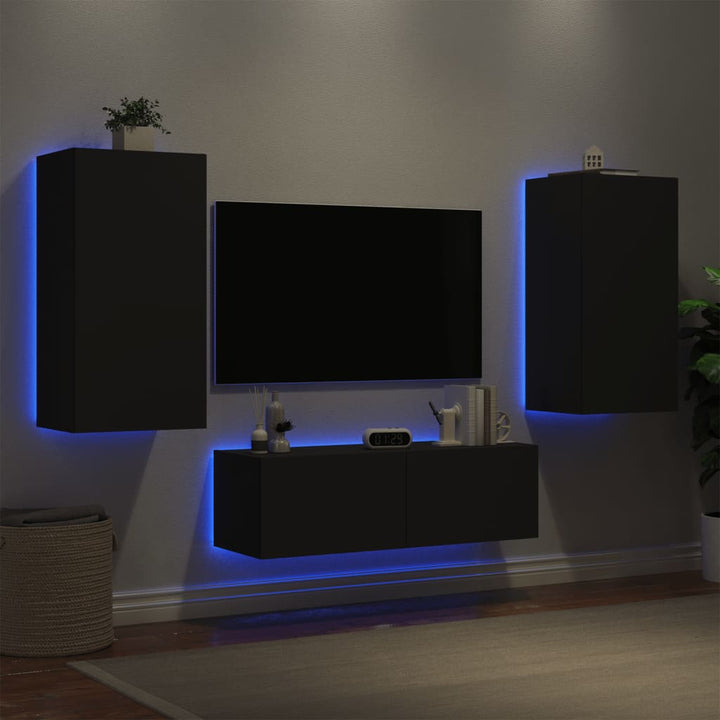 3-delige tv-wandmeubelset met LED-verlichting zwart