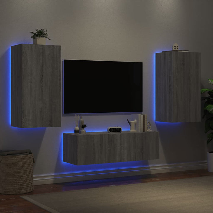 3-delige tv-wandmeubelset met LED-verlichting grijs sonoma