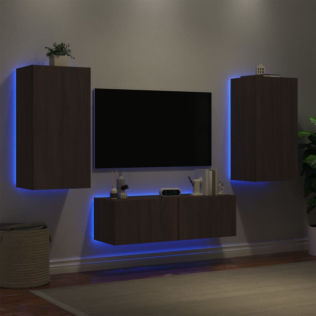 3-delige tv-wandmeubelset met LED-verlichting bruineikenkleurig