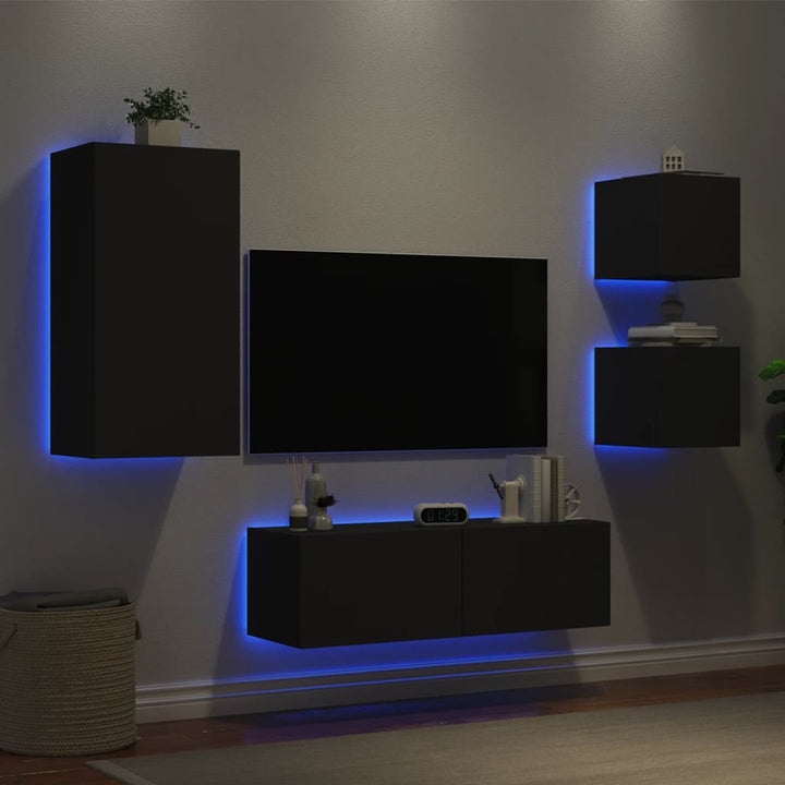 4-delige tv-wandmeubelset met LED-verlichting zwart