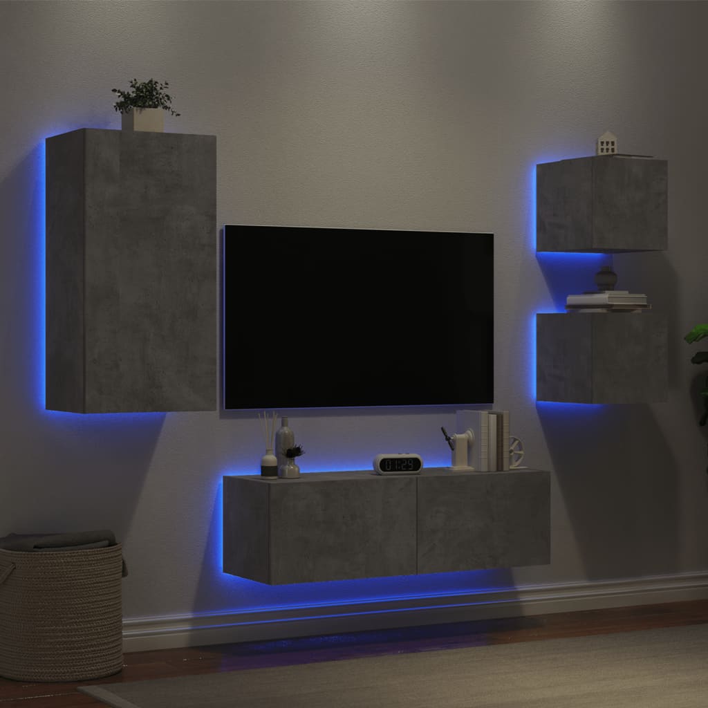 4-delige tv-wandmeubelset met LED-verlichting betongrijs