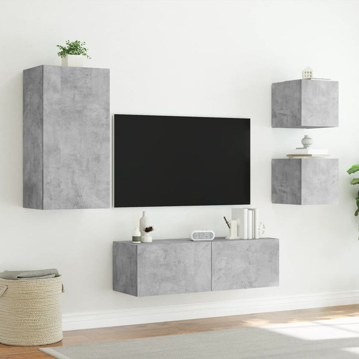 4-delige tv-wandmeubelset met LED-verlichting betongrijs