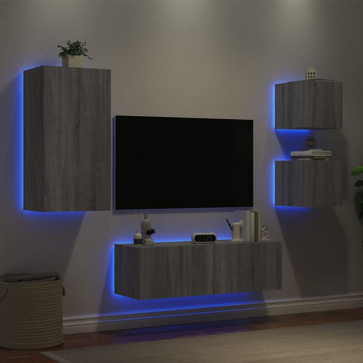 4-delige tv-wandmeubelset met LED-verlichting grijs sonoma