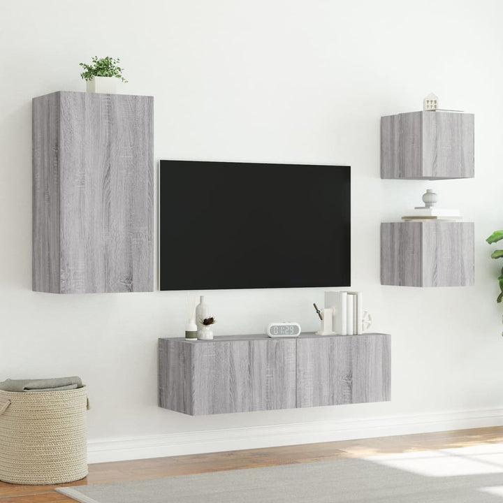 4-delige tv-wandmeubelset met LED-verlichting grijs sonoma