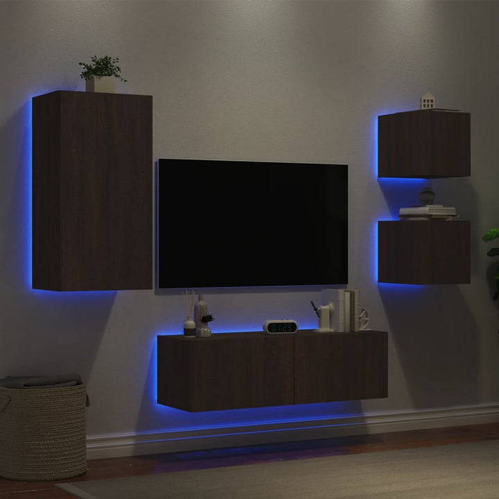 4-delige tv-wandmeubelset met LED-verlichting bruinikenkleurig