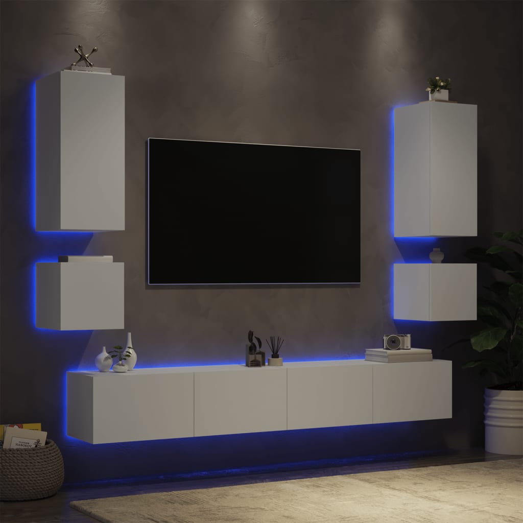 6-delige tv-wandmeubelset met LED-verlichting wit