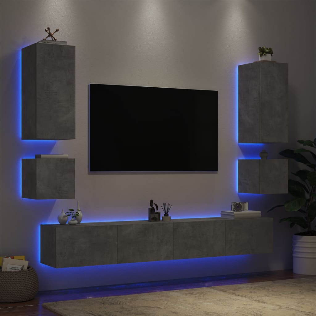 6-delige tv-wandmeubelset met LED-verlichting betongrijs