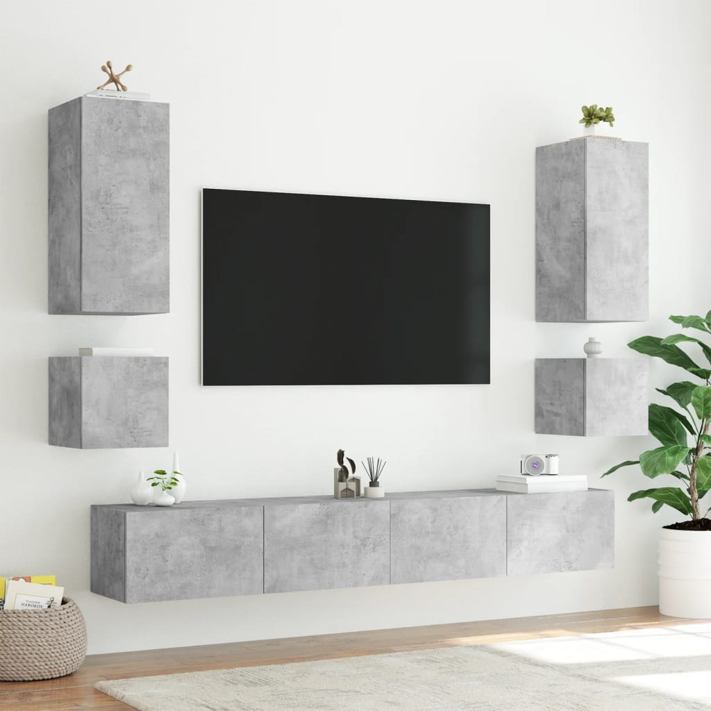 6-delige tv-wandmeubelset met LED-verlichting betongrijs