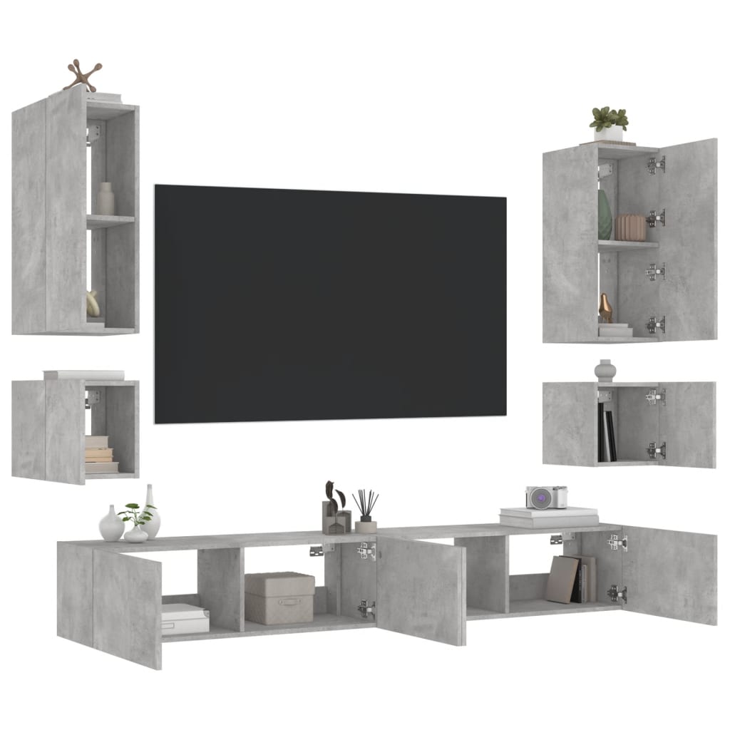 6-delige tv-wandmeubelset met LED-verlichting betongrijs