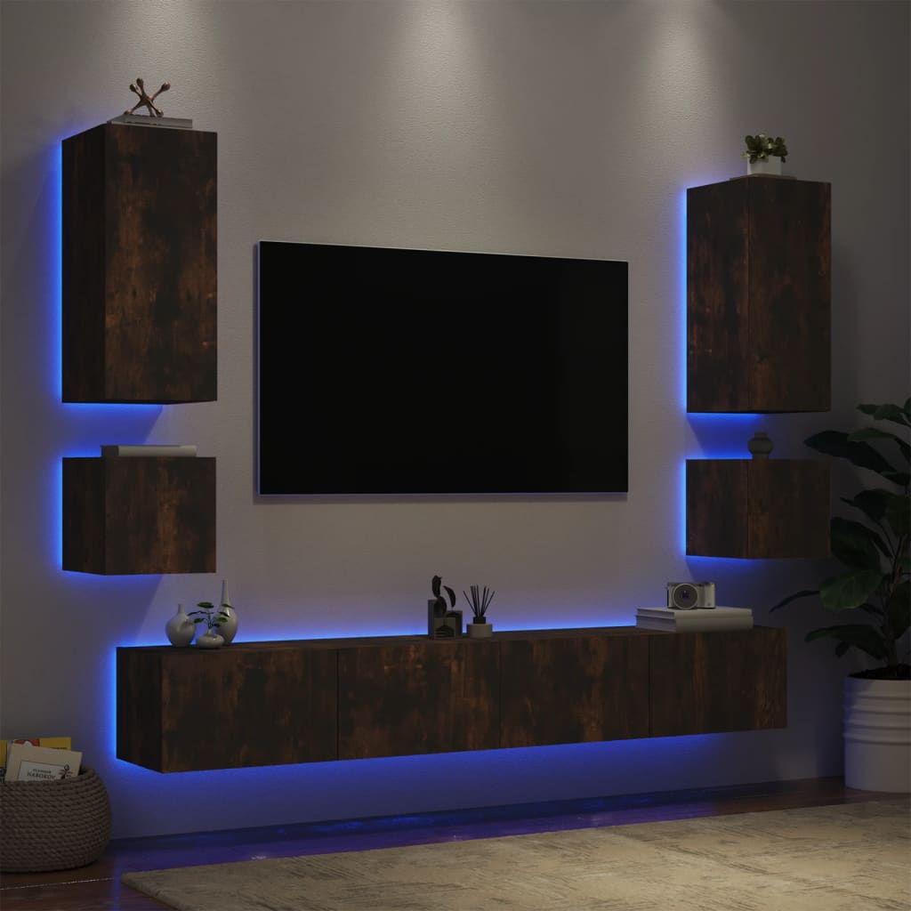 6-delige tv-wandmeubelset met LED-verlichting gerookt eiken