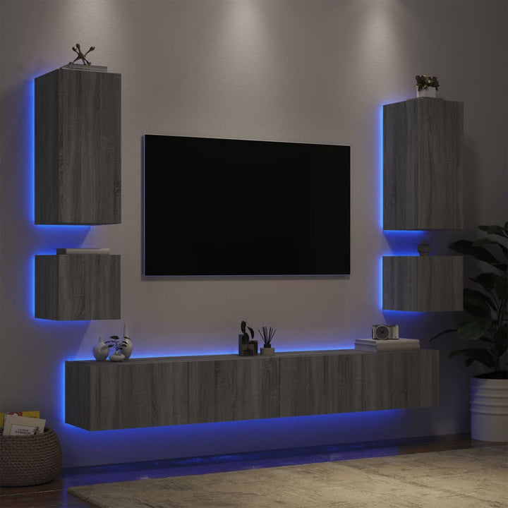 6-delige tv-wandmeubelset met LED-verlichting grijs sonoma