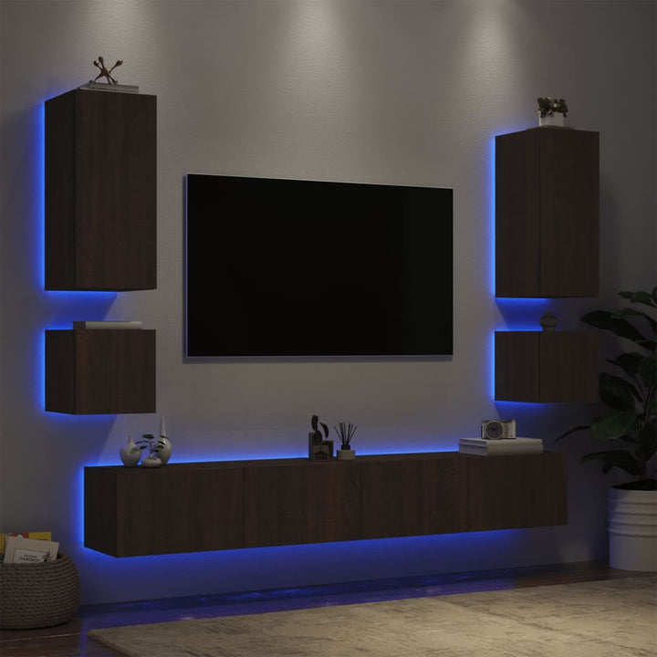 6-delige tv-wandmeubelset met LED-verlichting bruineikenkleurig