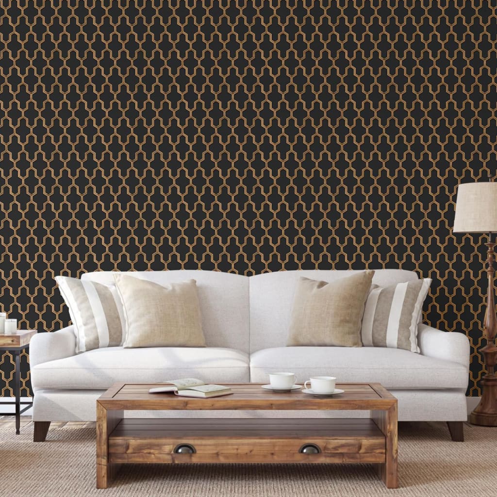 DUTCH WALLCOVERINGS Behang Geometric zwart en goudkleurig