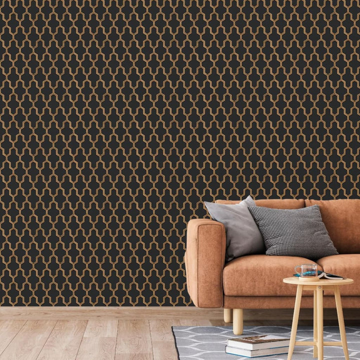 DUTCH WALLCOVERINGS Behang Geometric zwart en goudkleurig