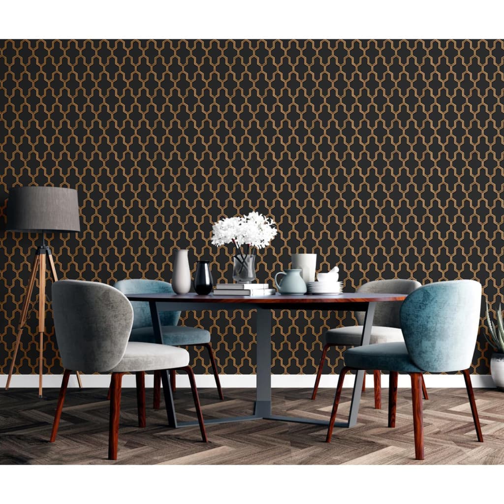 DUTCH WALLCOVERINGS Behang Geometric zwart en goudkleurig