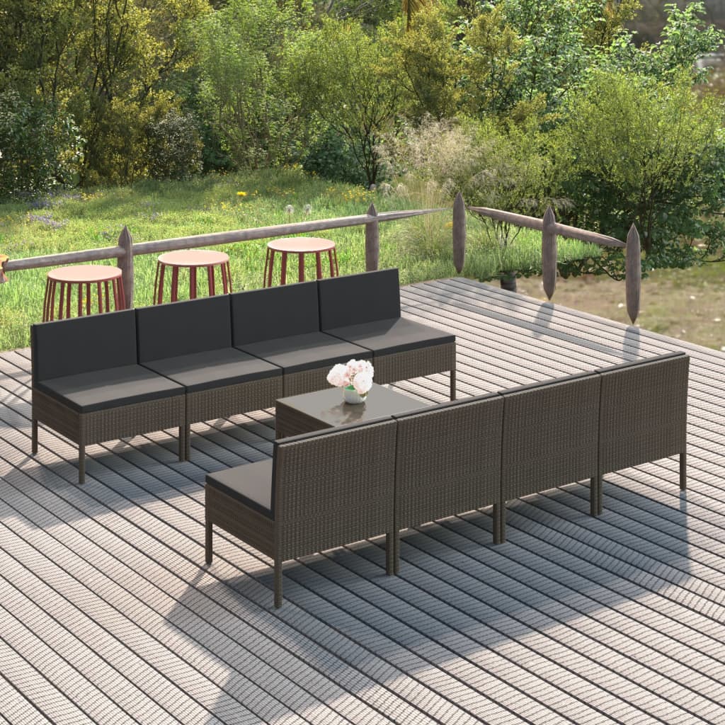 9-delige Loungeset met kussens poly rattan grijs - Griffin Retail