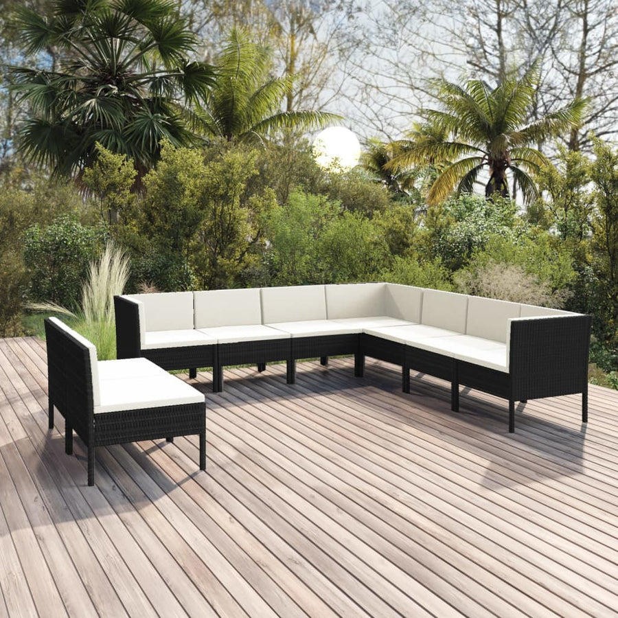 9-delige Loungeset met kussens poly rattan zwart - Griffin Retail