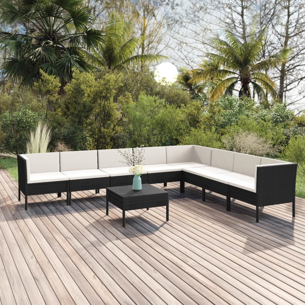 9-delige Loungeset met kussens poly rattan zwart - Griffin Retail