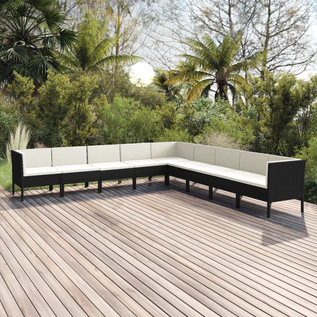 9-delige Loungeset met kussens poly rattan zwart - Griffin Retail