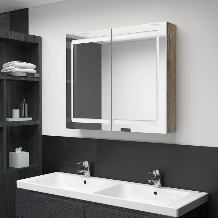 Badkamerkast met spiegel en LED 80x12x68 cm wit en eikenkleurig - Griffin Retail