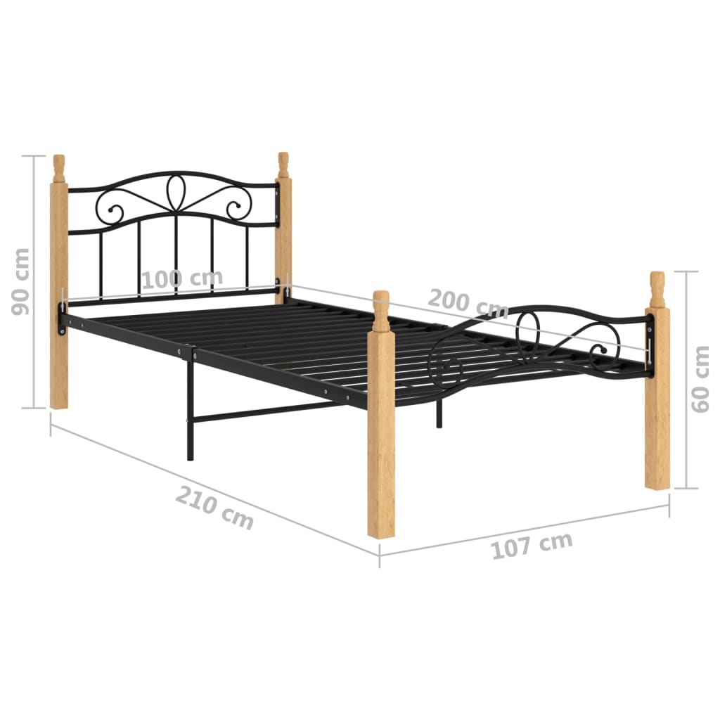 Bedframe metaal en massief eikenhout zwart 100x200 cm - Griffin Retail