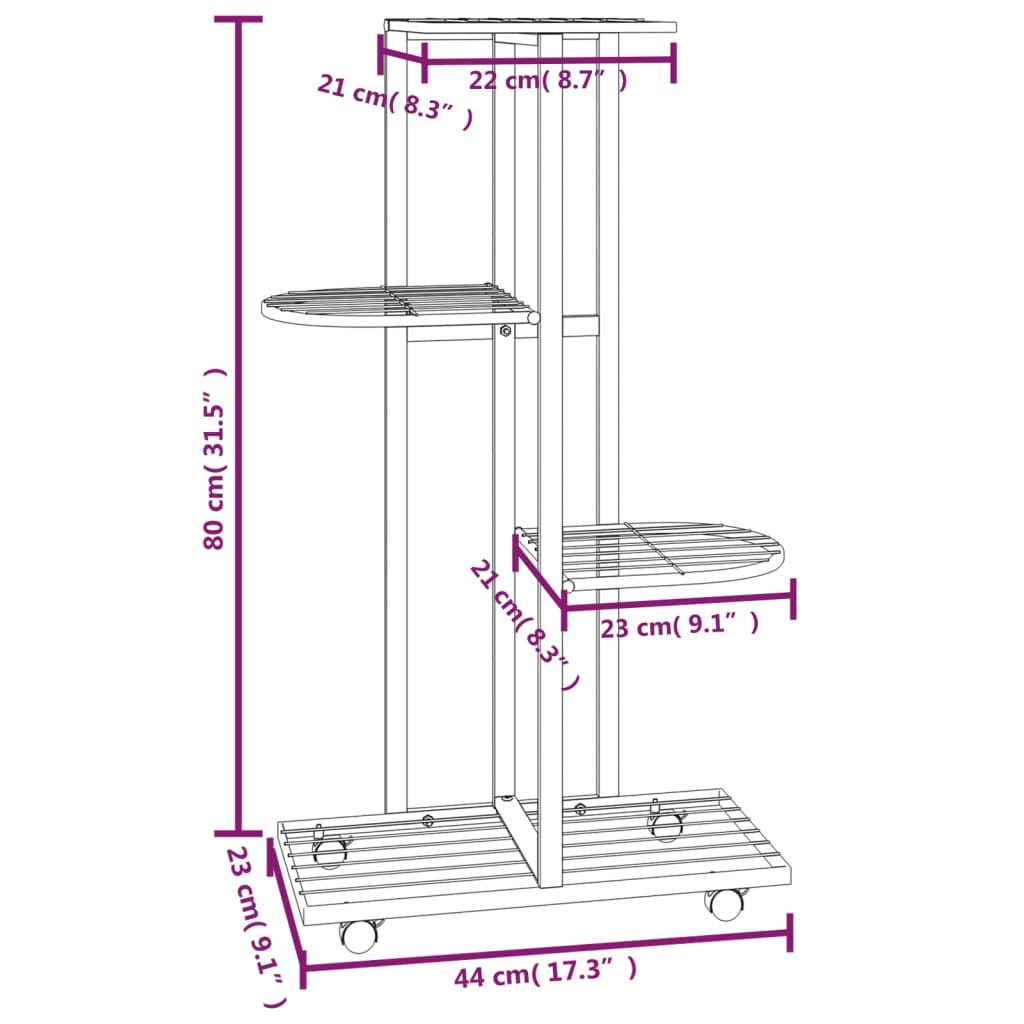 Bloemenstandaard met wielen 4-laags 44x23x80 cm ijzer zwart - Griffin Retail