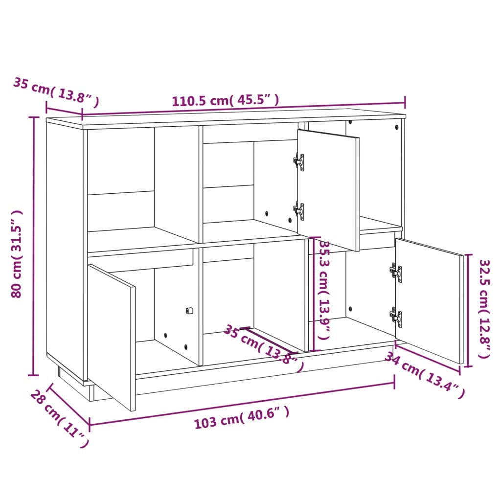 Dressoir 110,5x35x80 cm massief grenenhout wit - Griffin Retail