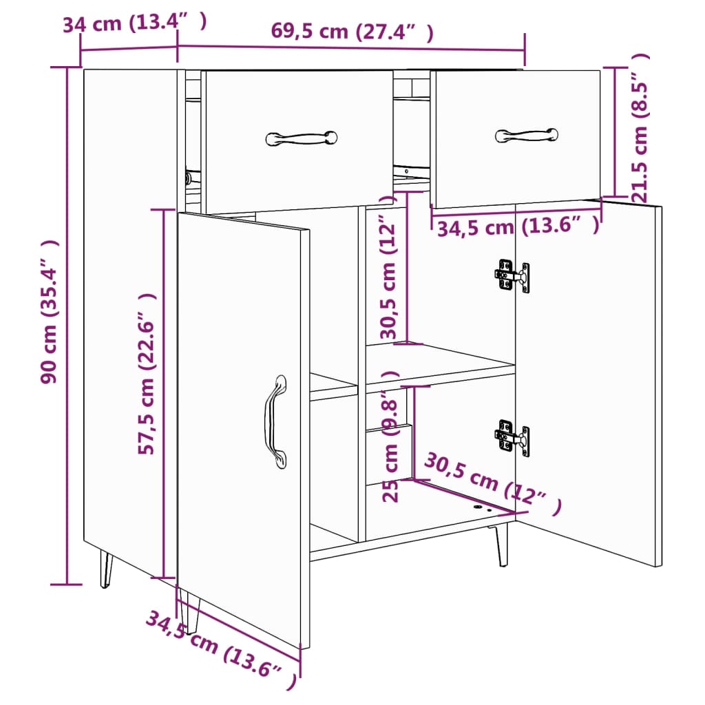 Dressoir 69,5x34x90 cm bewerkt hout bruineikenkleurig - Griffin Retail