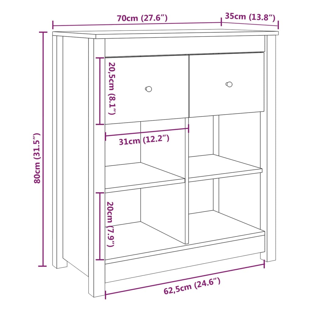 Dressoir 70x35x80 cm massief grenenhout wit - Griffin Retail