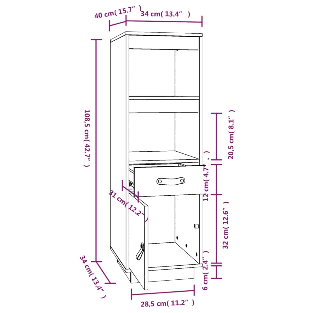 Hoge kast 34x40x108,5 cm massief grenenhout wit - Griffin Retail