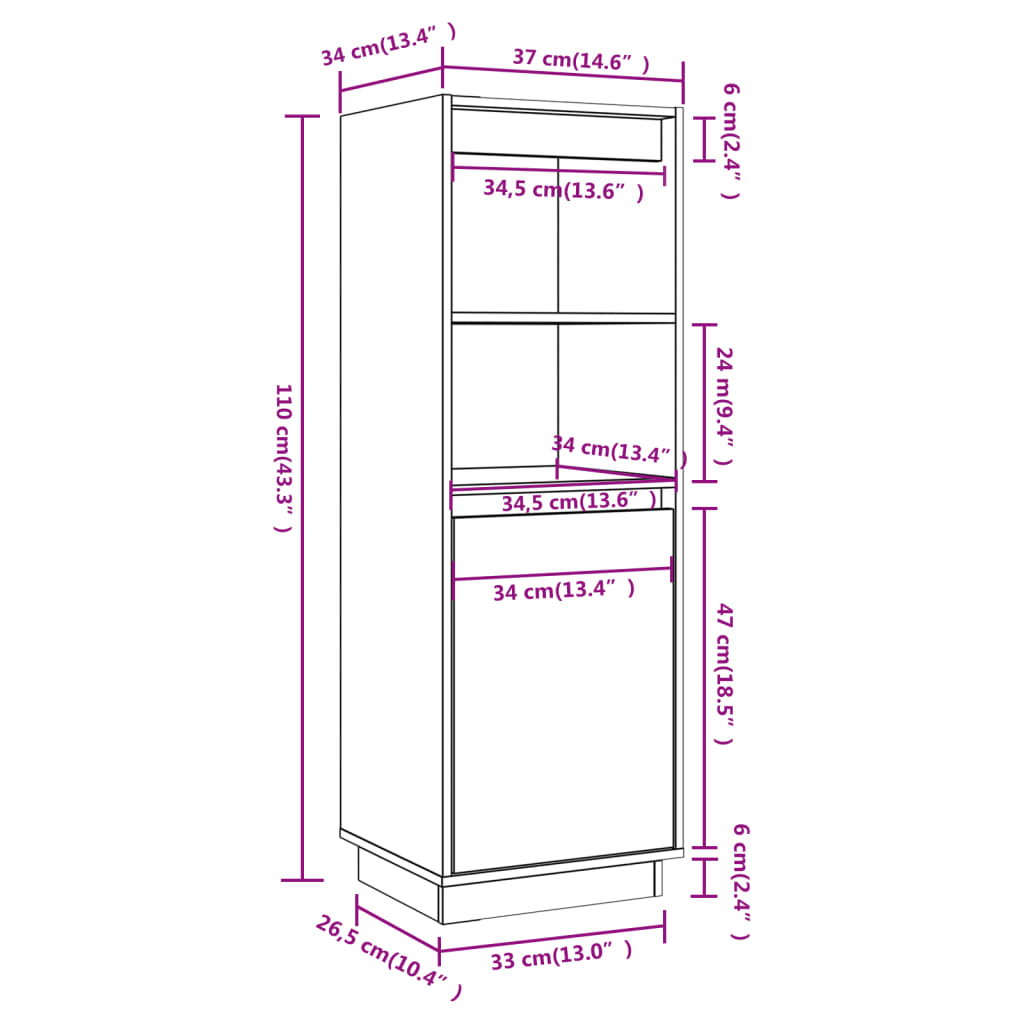 Hoge kast 37x34x110 cm massief grenenhout - Griffin Retail