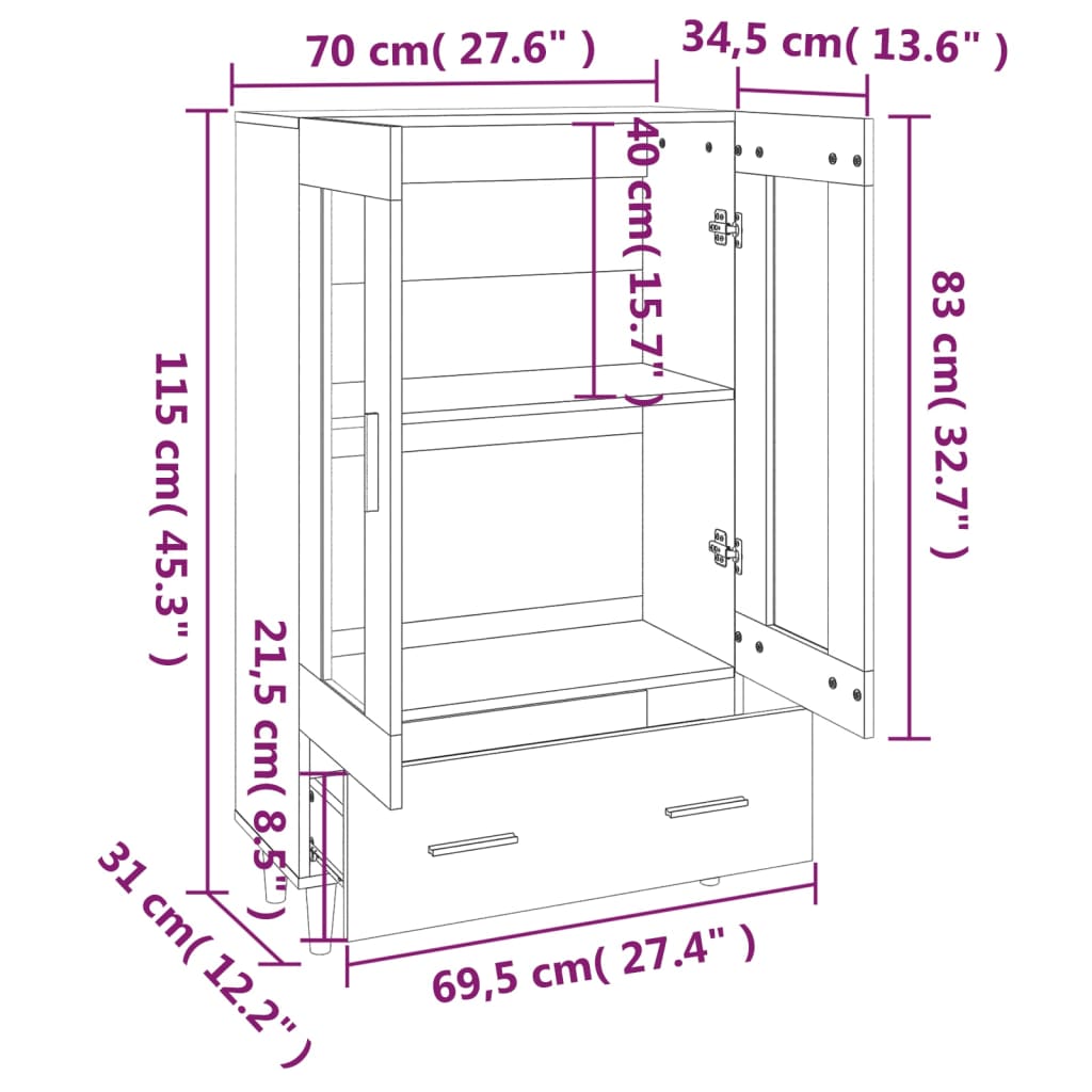 Hoge kast 70x31x115 cm bewerkt hout sonoma eikenkleurig - Griffin Retail