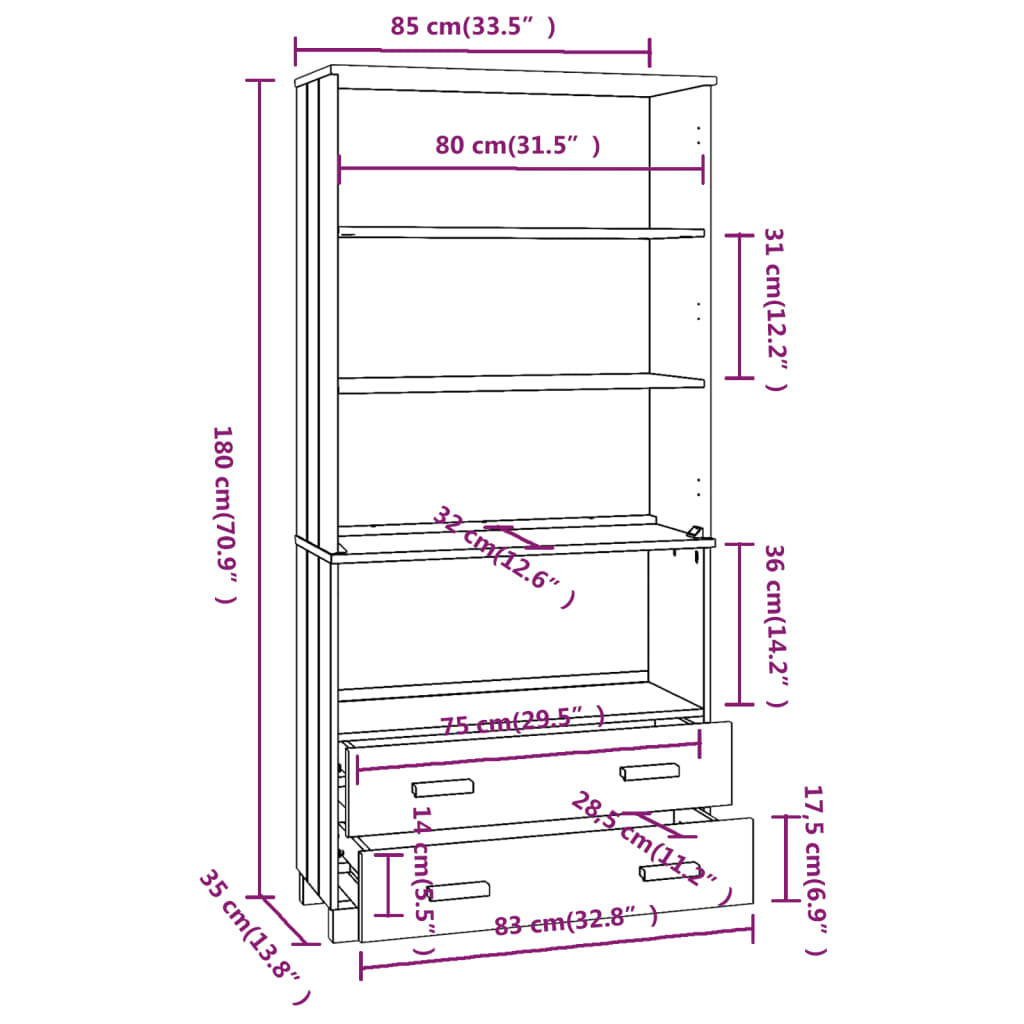 Hoge kast massief grenenhout wit - Griffin Retail