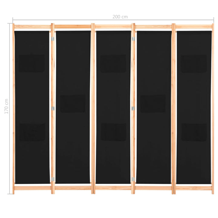 Kamerscherm met 5 panelen 200x170x4 cm stof zwart - Griffin Retail