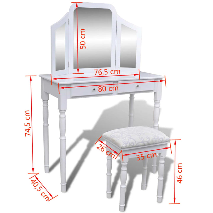 Kaptafel met 2 lades, 3-in-1 spiegel en krukje wit - Griffin Retail