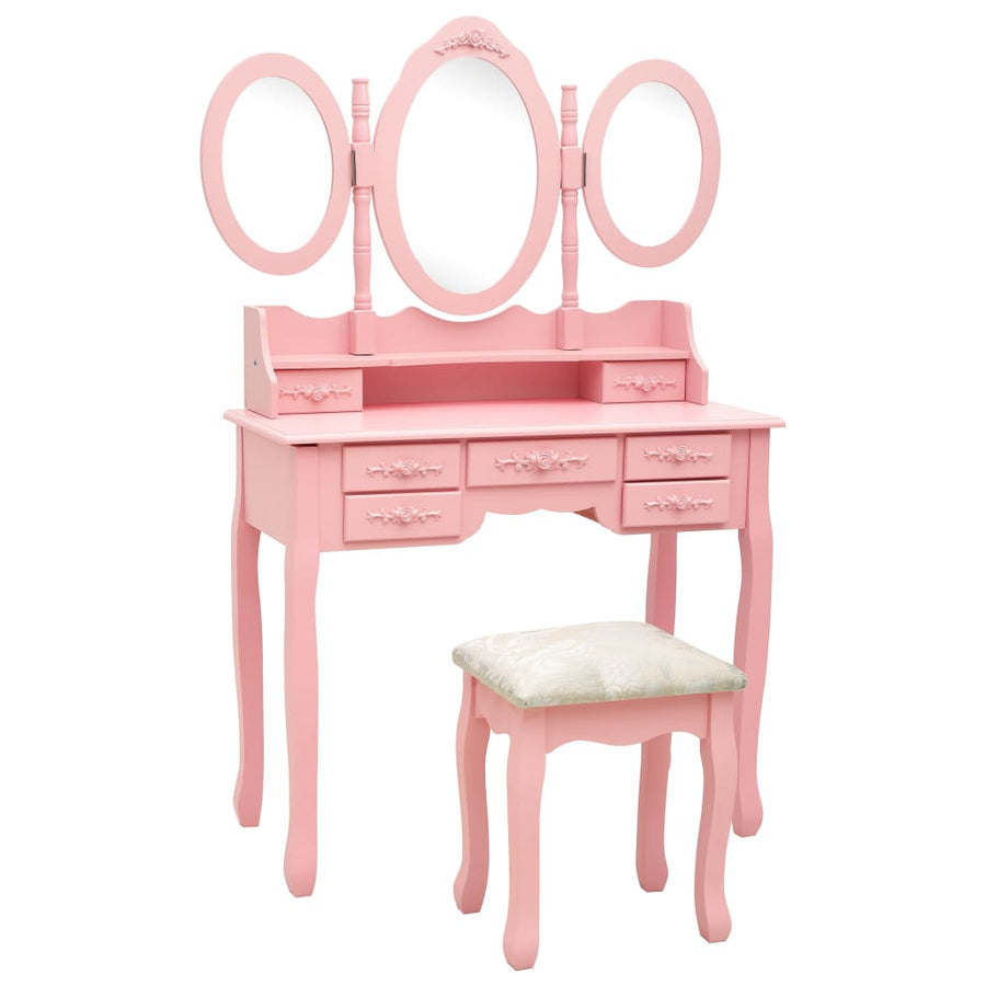Kaptafel met kruk en drievoudige spiegel roze - Griffin Retail