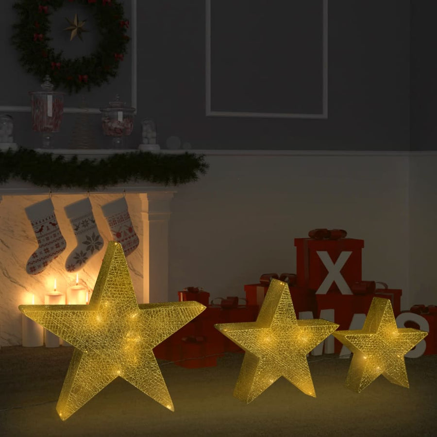 Kerstdecoratiesterren 3 st LED buiten binnen mesh goudkleurig - Griffin Retail