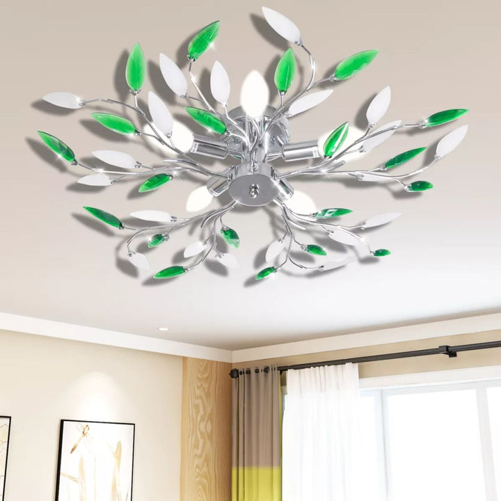 Lamp met kristallen bladeren van acryl voor 5x E14 wit/groen - Griffin Retail