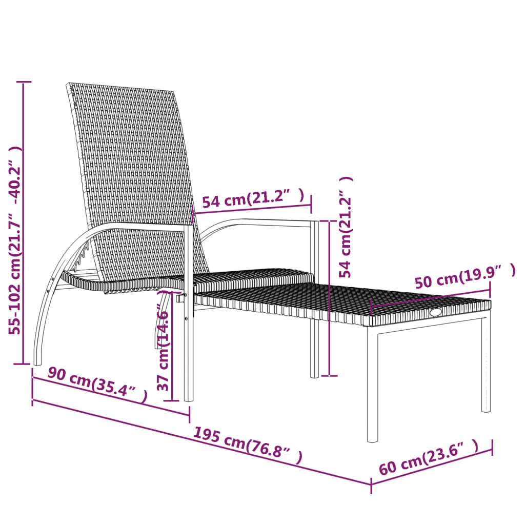 Ligbed met voetensteun polyetheen rattan zwart - Griffin Retail