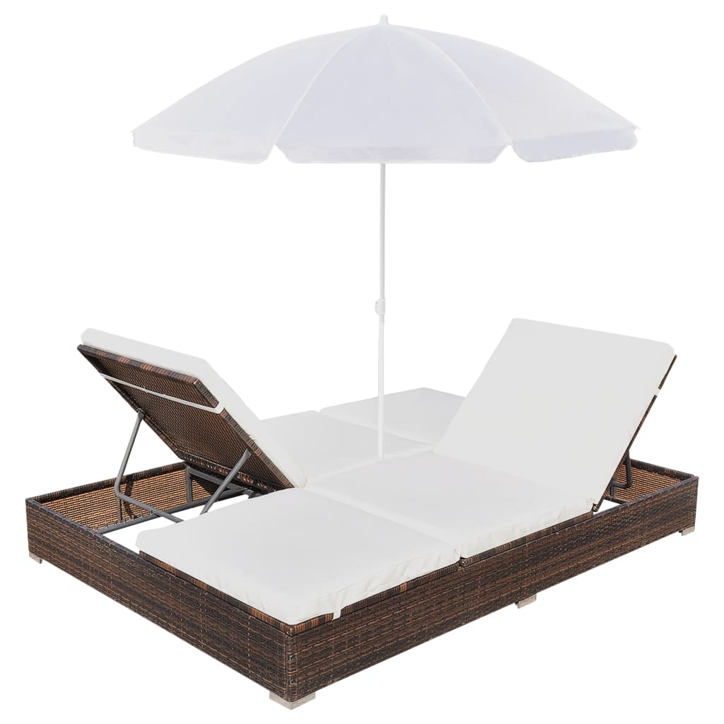 Loungebed met parasol poly rattan bruin - Griffin Retail