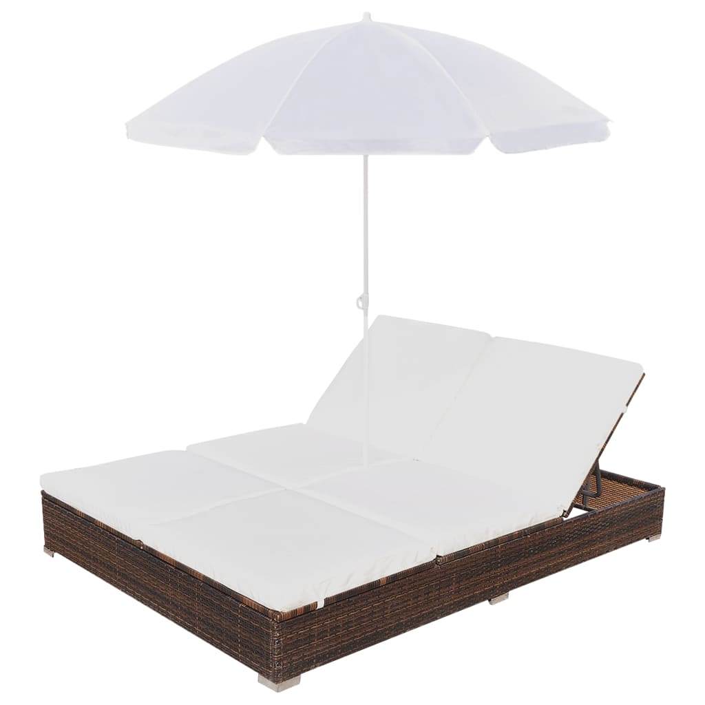 Loungebed met parasol poly rattan bruin - Griffin Retail