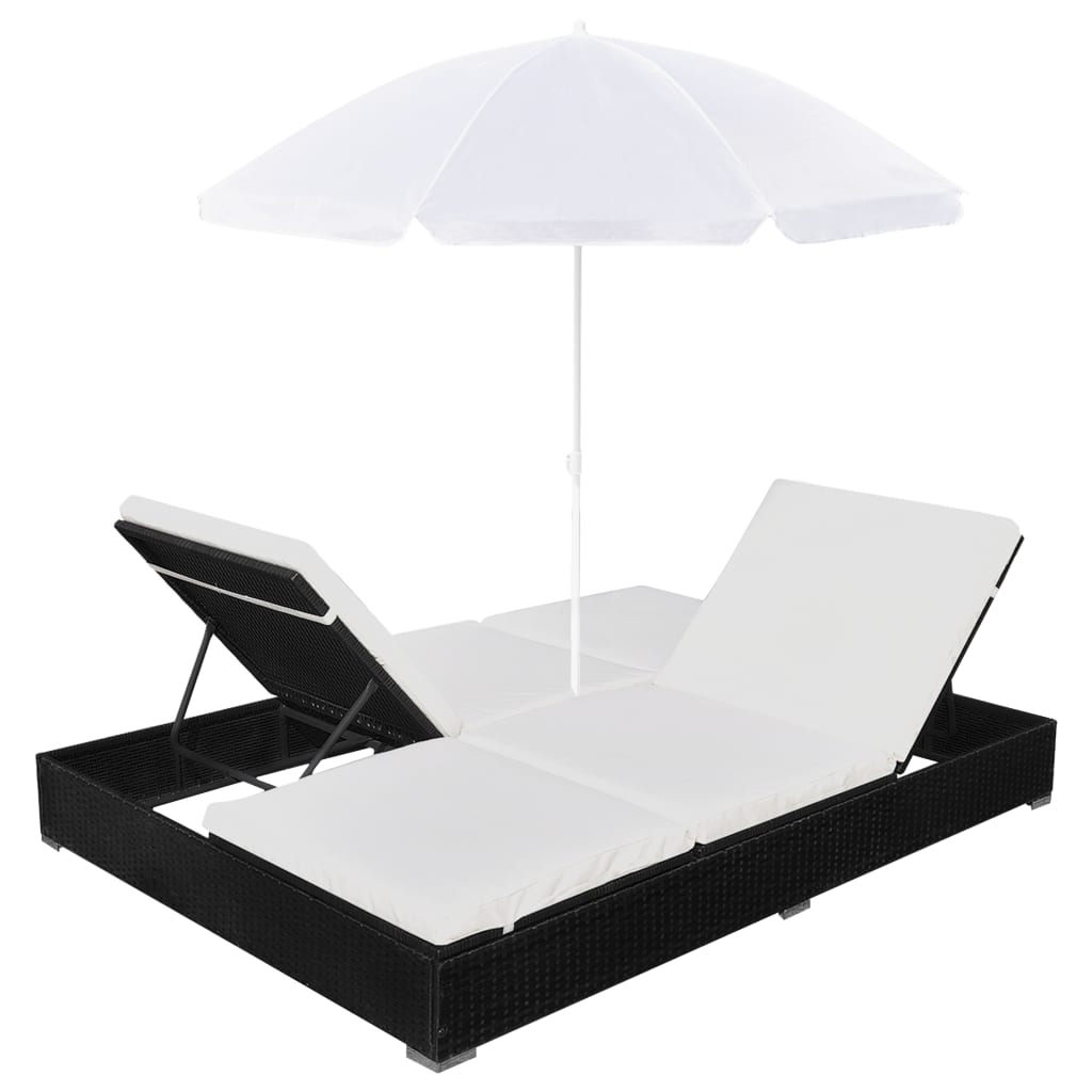 Loungebed met parasol poly rattan zwart - Griffin Retail