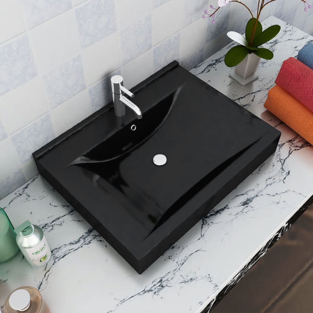 Luxe wastafel met kraangat zwart rechthoekig keramiek 60x46 cm - Griffin Retail