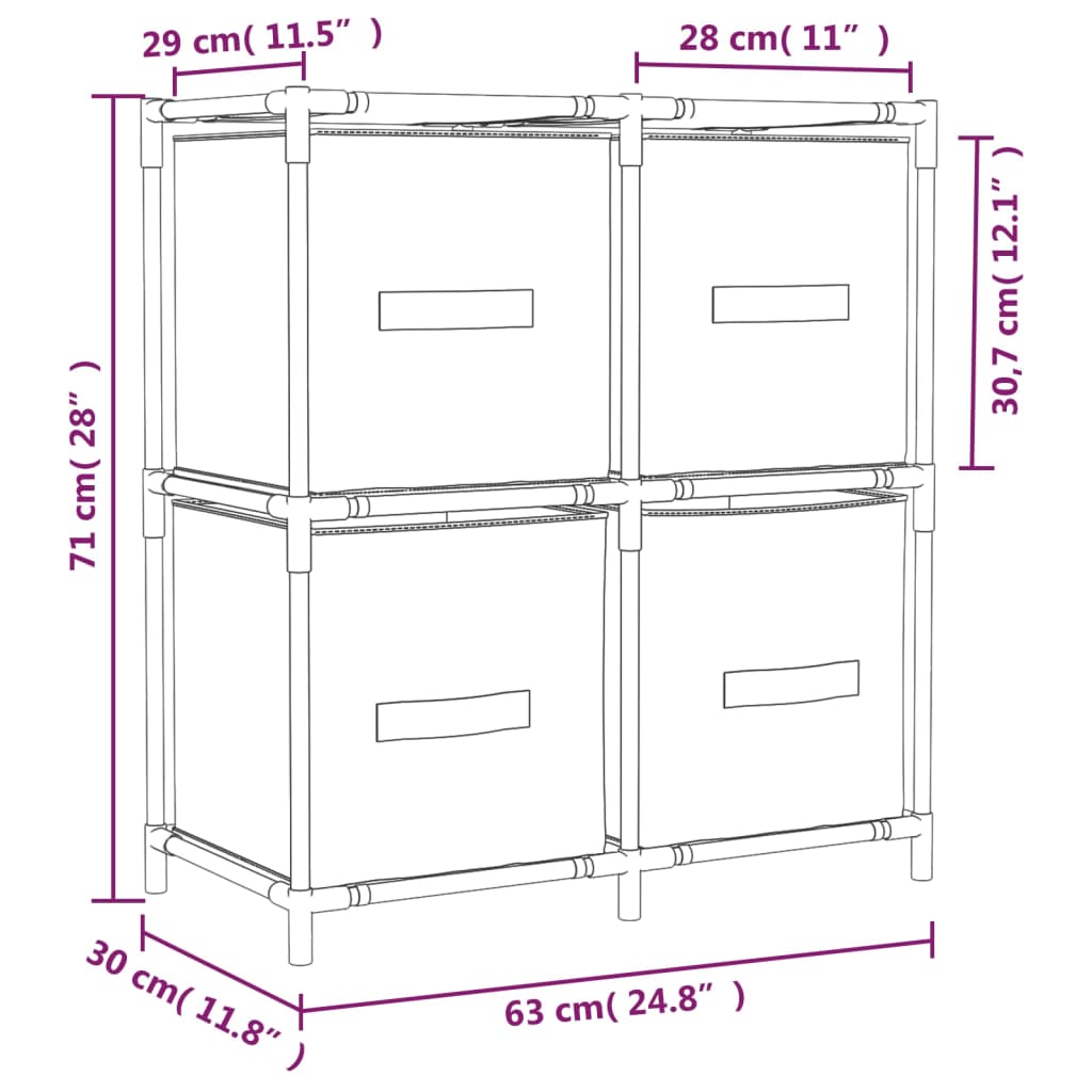 Opbergkast met 4 stoffen manden 63x30x71 cm staal crèmekleurig - Griffin Retail