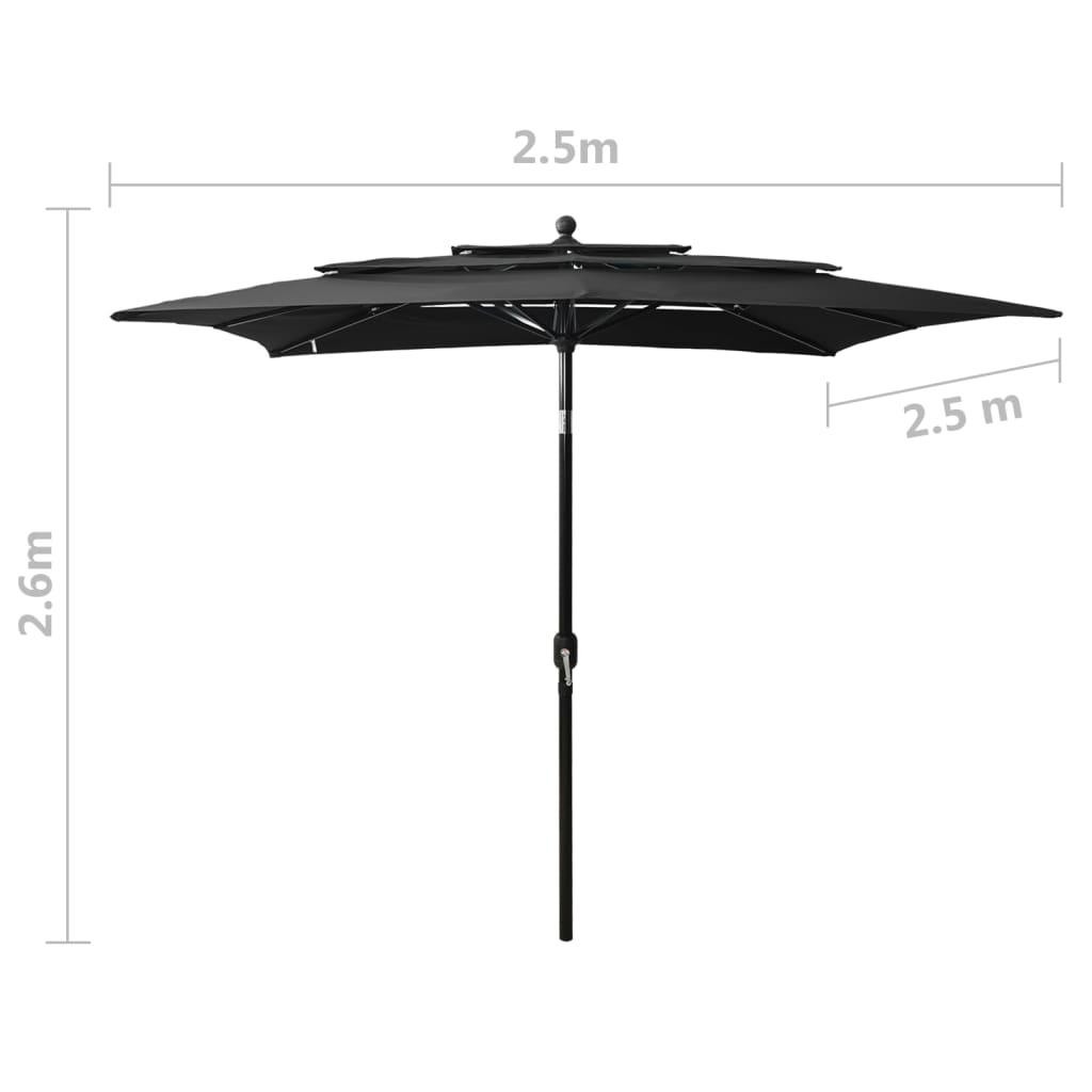 Parasol 3-laags met aluminium paal 2,5x2,5 m zwart - Griffin Retail